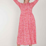 Pure EcoVero woven viscose midi dress - Pink flowers - Rosamönstrad, vadlång skjortklänning