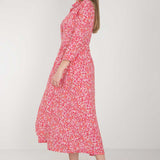 Pure EcoVero woven viscose midi dress - Pink flowers - Rosamönstrad, vadlång skjortklänning