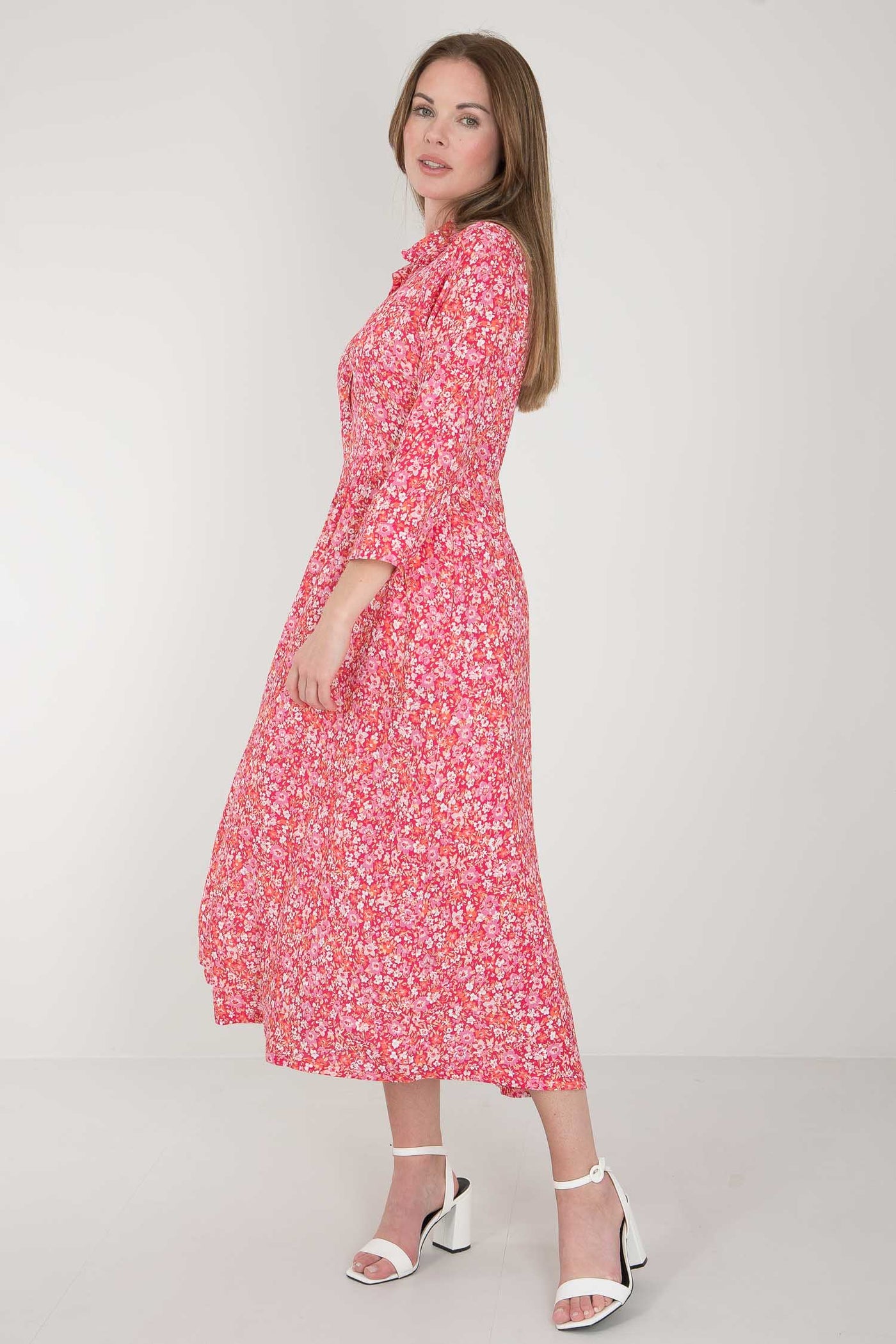 Pure EcoVero woven viscose midi dress - Pink flowers - Rosamönstrad, vadlång skjortklänning
