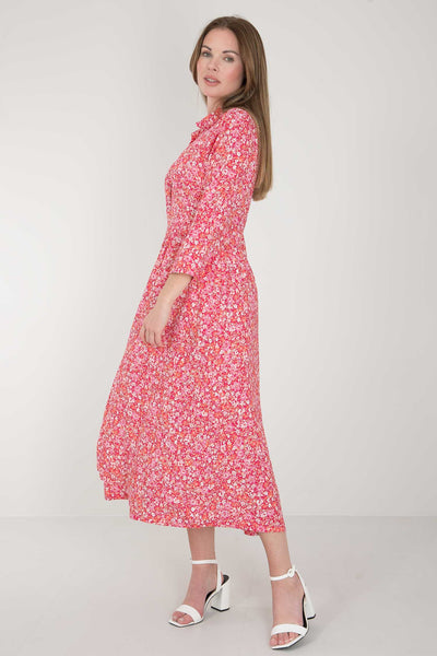 Pure EcoVero woven viscose midi dress - Pink flowers - Rosamönstrad, vadlång skjortklänning