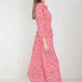 Pure EcoVero woven viscose midi dress - Pink flowers - Rosamönstrad, vadlång skjortklänning