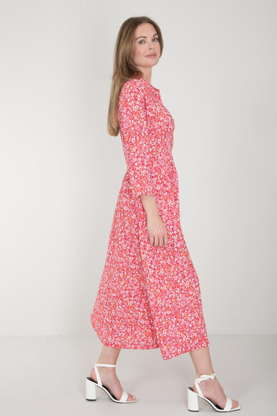 Pure EcoVero woven viscose midi dress - Pink flowers - Rosamönstrad, vadlång skjortklänning