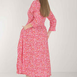 Pure EcoVero woven viscose midi dress - Pink flowers - Rosamönstrad, vadlång skjortklänning