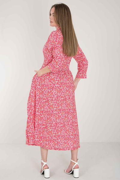 Pure EcoVero woven viscose midi dress - Pink flowers - Rosamönstrad, vadlång skjortklänning