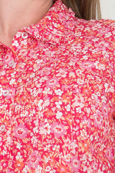 Pure EcoVero woven viscose midi dress - Pink flowers - Rosamönstrad, vadlång skjortklänning