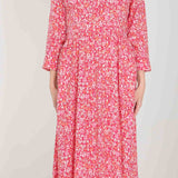 Pure EcoVero woven viscose midi dress - Pink flowers - Rosamönstrad, vadlång skjortklänning