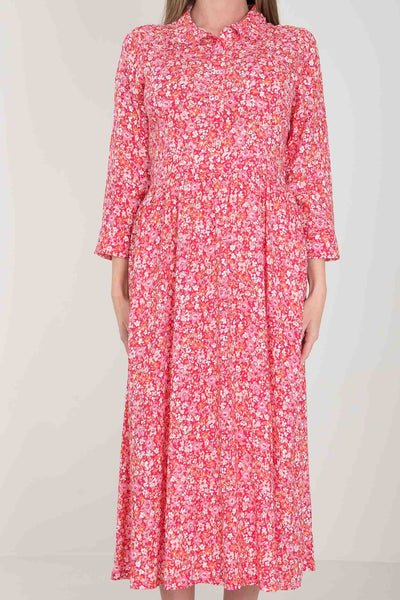 Pure EcoVero woven viscose midi dress - Pink flowers - Rosamönstrad, vadlång skjortklänning