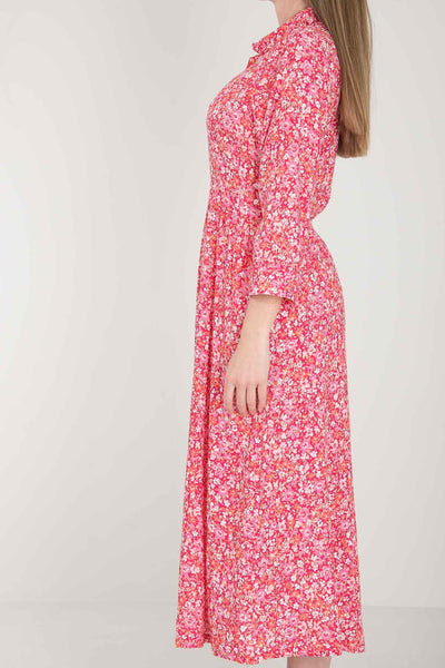 Pure EcoVero woven viscose midi dress - Pink flowers - Rosamönstrad, vadlång skjortklänning