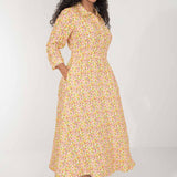Pure EcoVero woven viscose midi dress - Yellow flowers - Gulmönstrad, vadlång skjortklänning
