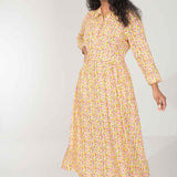 Pure EcoVero woven viscose midi dress - Yellow flowers - Gulmönstrad, vadlång skjortklänning