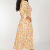 Pure EcoVero woven viscose midi dress - Yellow flowers - Gulmönstrad, vadlång skjortklänning