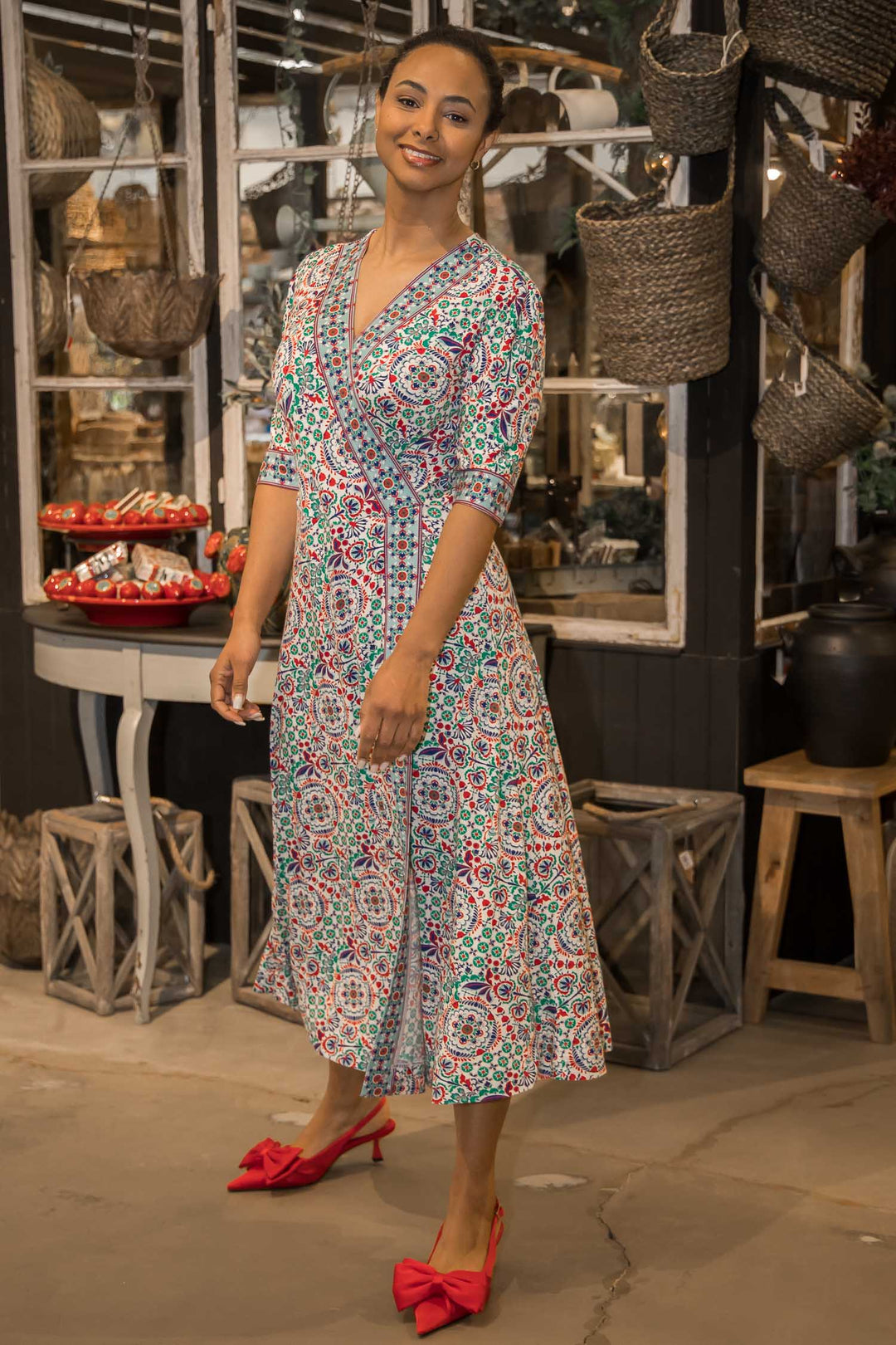 Slip-On wrap midi jersey dress - Blue folklore