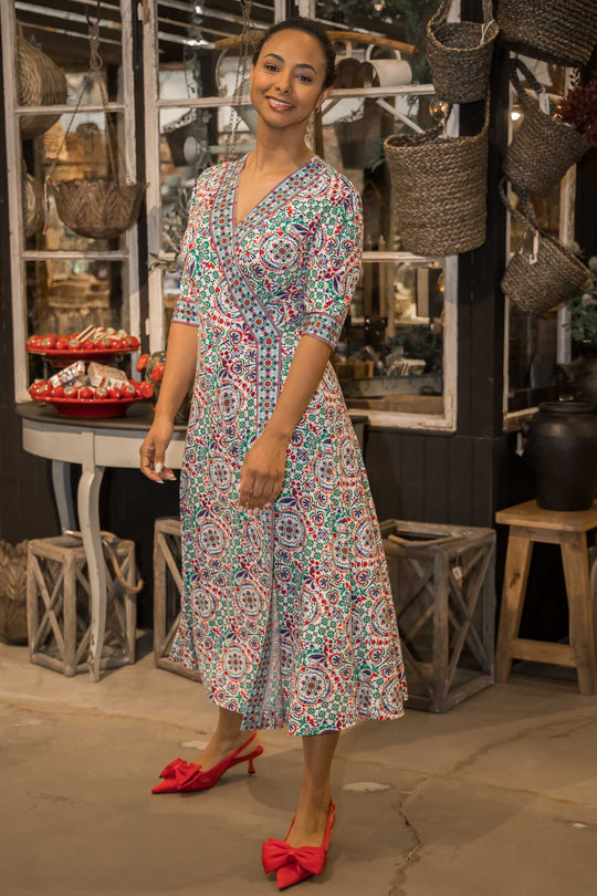 Slip-On wrap midi jersey dress - Blue folklore