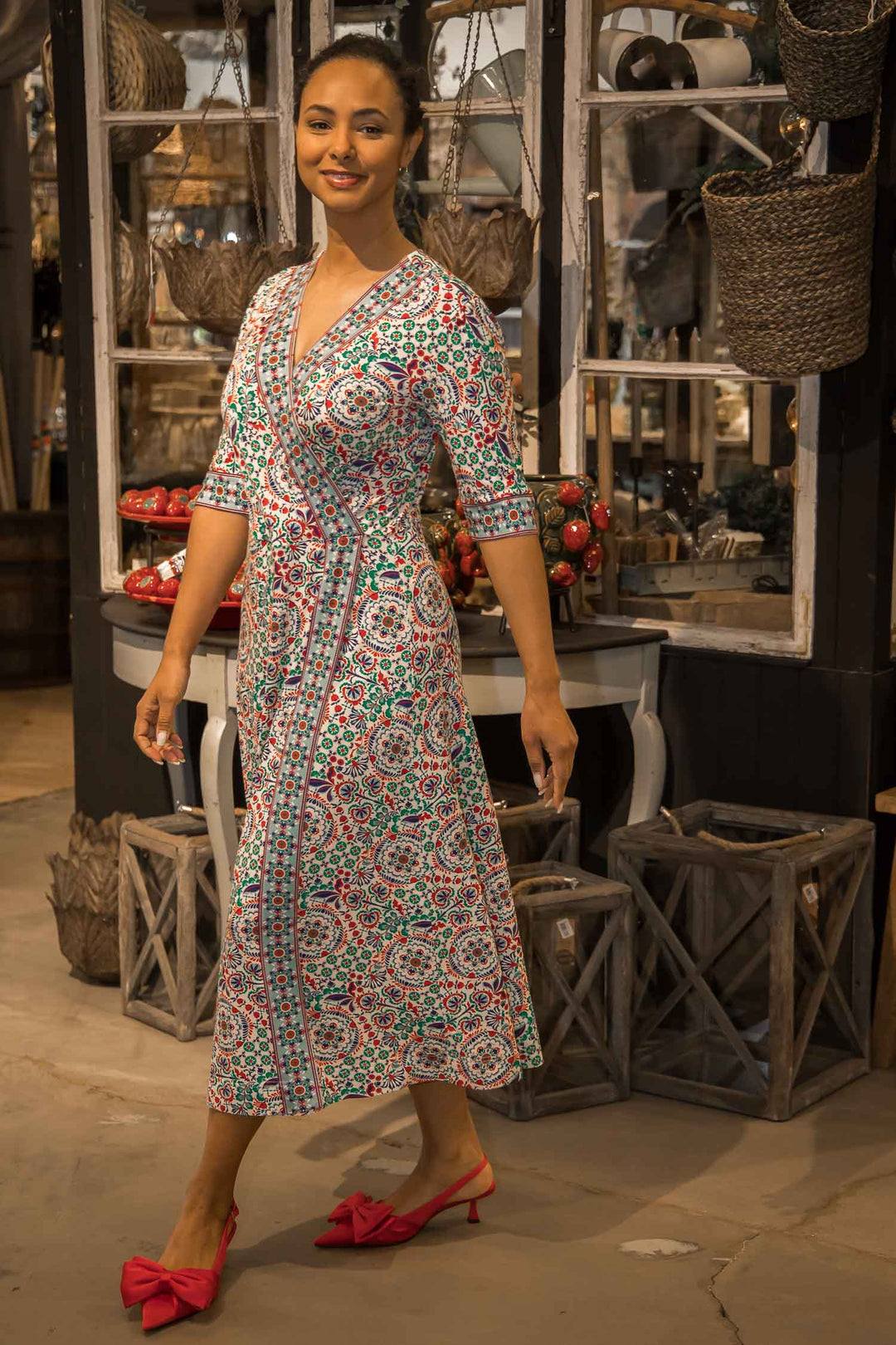 Slip-On wrap midi jersey dress - Blue folklore