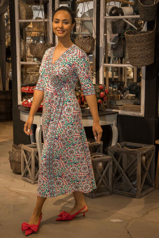 Slip-On wrap midi jersey dress - Blue folklore