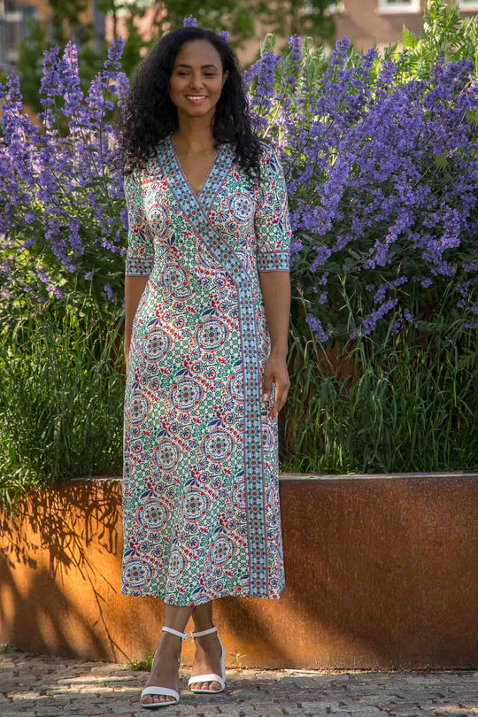 Slip-On wrap midi jersey dress - Blue folklore