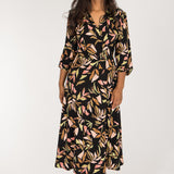 Slip-On wrap midi jersey dress - Black printed