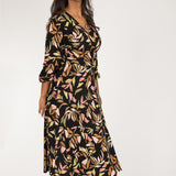 Slip-On wrap midi jersey dress - Black printed