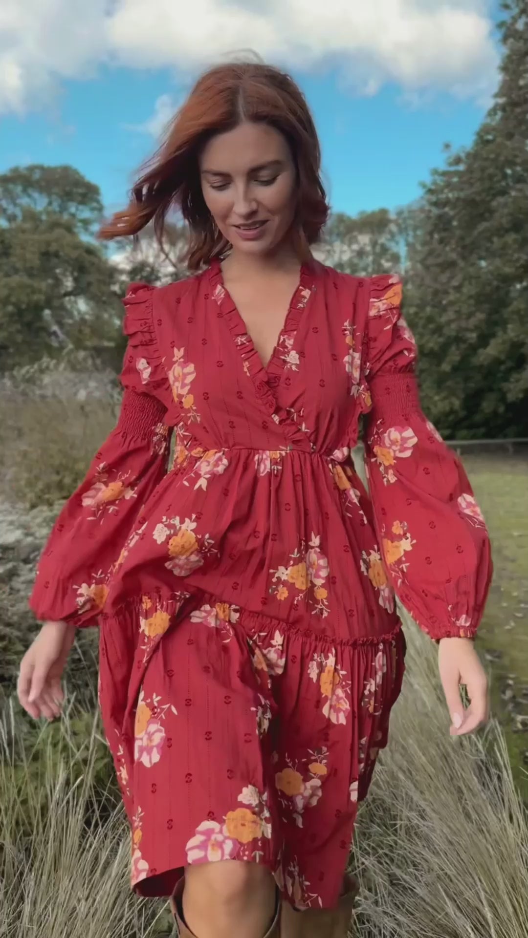Flounce dobby short dress - Red Flower