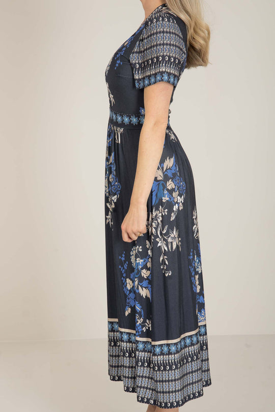 Royal blue floral print dress - Blue - Mönstrad vadlång klänning i trikå