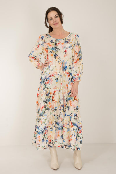 Fuzzy flower long dress - Multi palette - Mönstrad lång klänning med dragsko