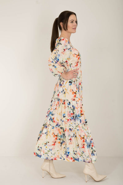 Fuzzy flower long dress - Multi palette - Mönstrad lång klänning med dragsko