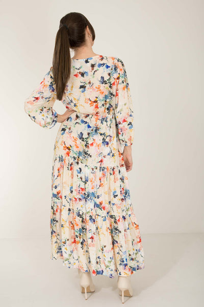 Fuzzy flower long dress - Multi palette - Mönstrad lång klänning med dragsko