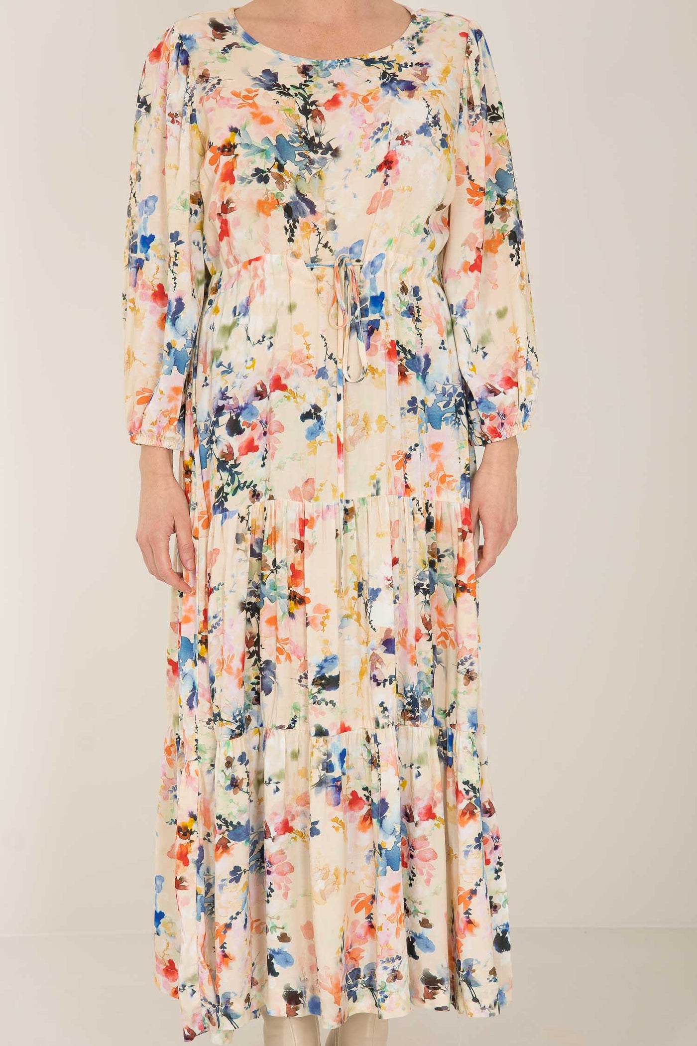 Fuzzy flower long dress - Multi palette - Mönstrad lång klänning med dragsko