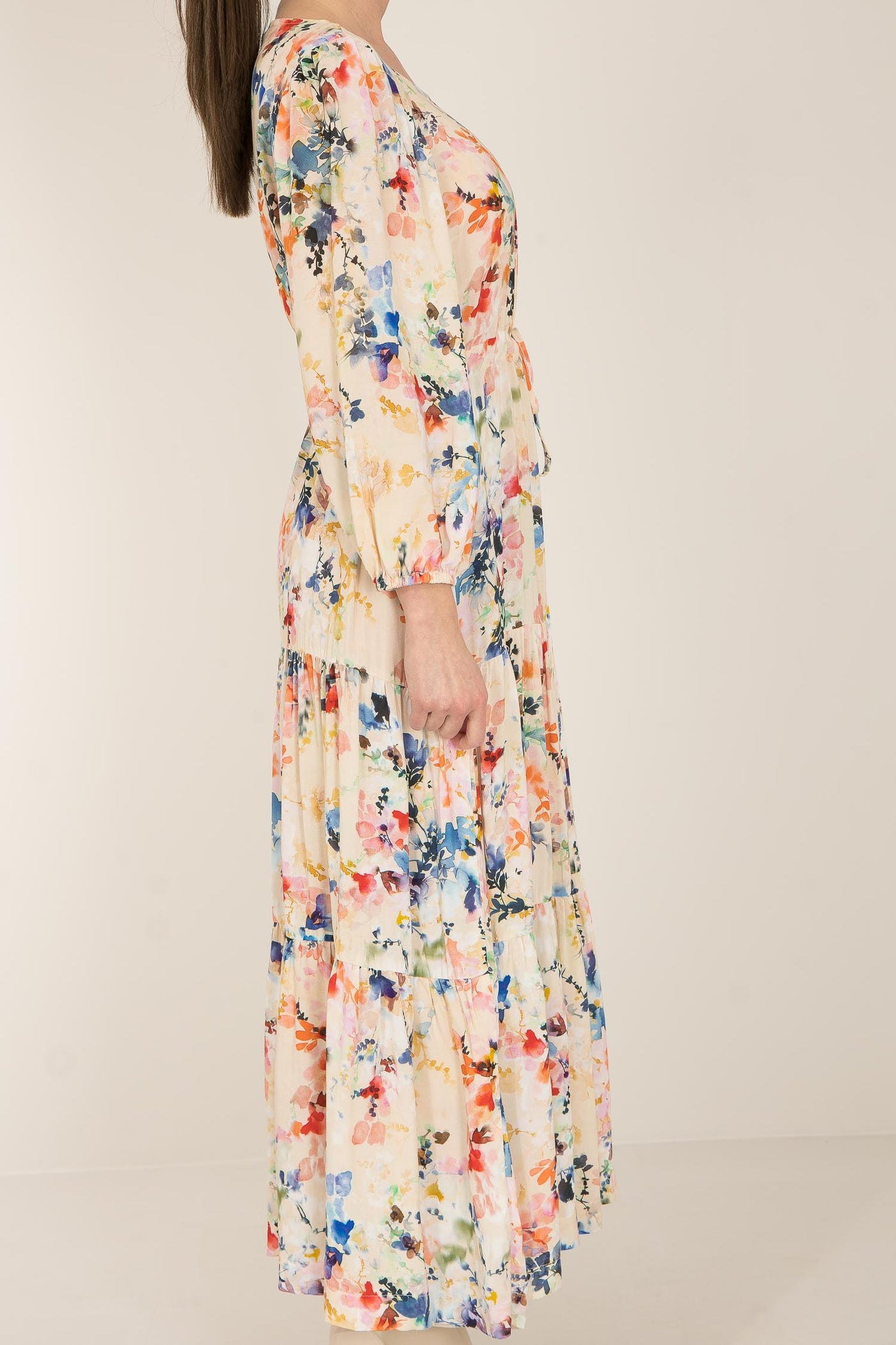 Fuzzy flower long dress - Multi palette - Mönstrad lång klänning med dragsko