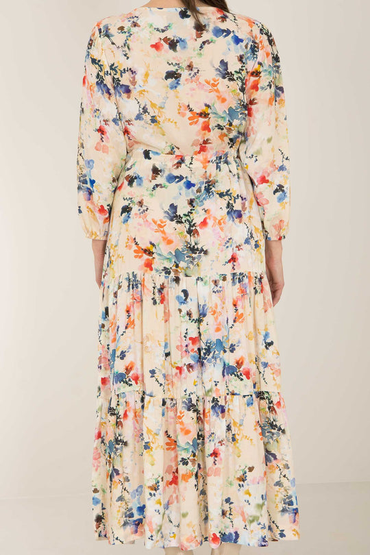 Fuzzy flower long dress - Multi palette - Mönstrad lång klänning med dragsko