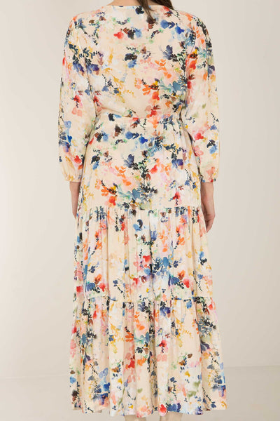 Fuzzy flower long dress - Multi palette - Mönstrad lång klänning med dragsko