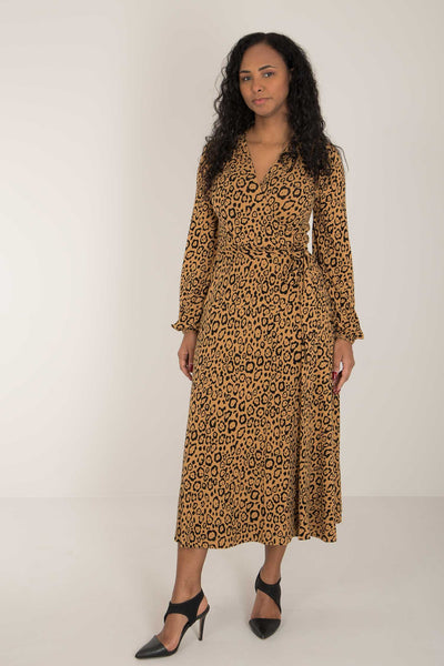 Puff sleeve printed midi wrap jersey dress - Brown Leo - Leopardmönstrad omlottklänning i trikå