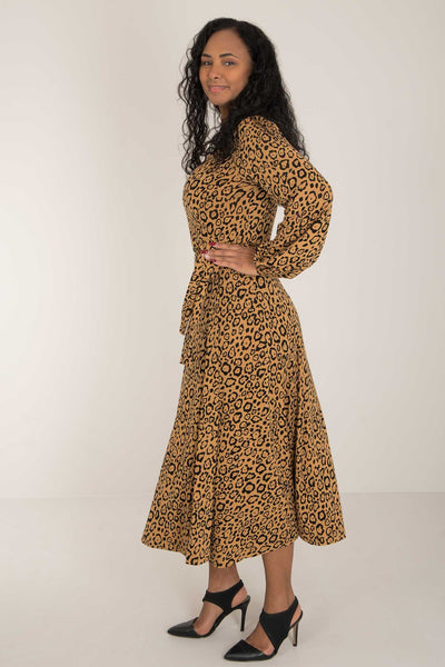Puff sleeve printed midi wrap jersey dress - Brown Leo - Leopardmönstrad omlottklänning i trikå