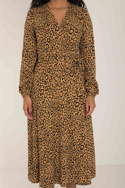 Puff sleeve printed midi wrap jersey dress - Brown Leo - Leopardmönstrad omlottklänning i trikå