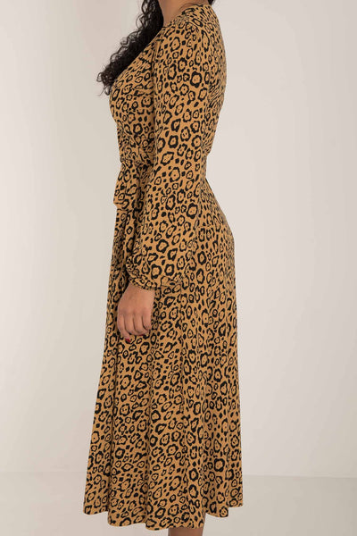 Puff sleeve printed midi wrap jersey dress - Brown Leo - Leopardmönstrad omlottklänning i trikå
