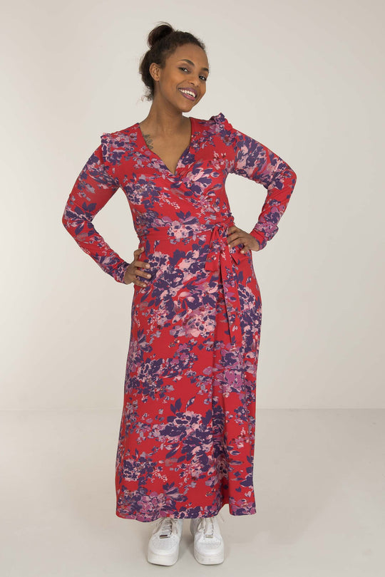 Power frill printed midi wrap jersey dress - Red - Vadlång omlottklänning i trikå