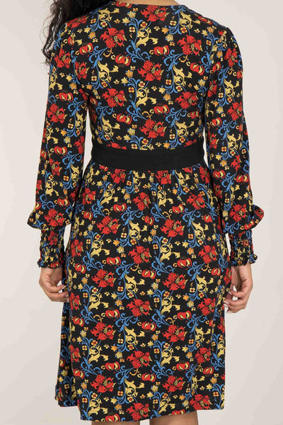 V-neck ruffle printed short jersey dress - Black - Knälång, mönstrad klänning i trikå