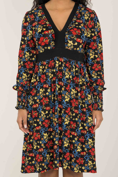 V-neck ruffle printed short jersey dress - Black - Knälång, mönstrad klänning i trikå