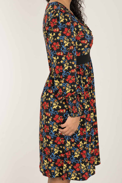 V-neck ruffle printed short jersey dress - Black - Knälång, mönstrad klänning i trikå