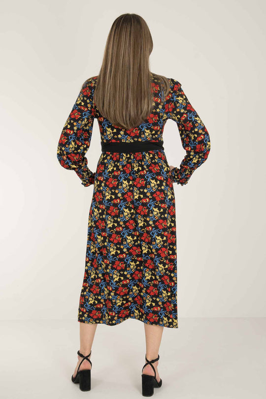 V-neck ruffle printed midi jersey dress - Black - Vadlång, mönstrad klänning i trikå