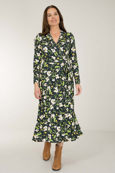 Bestie printed midi wrap jersey dress - Dark blue flower - Vadlång, blommönstrad omlottklänning i trikå