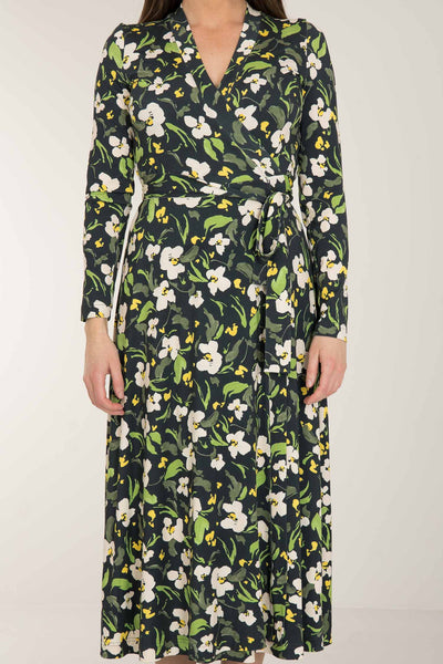 Bestie printed midi wrap jersey dress - Dark blue flower - Vadlång, blommönstrad omlottklänning i trikå