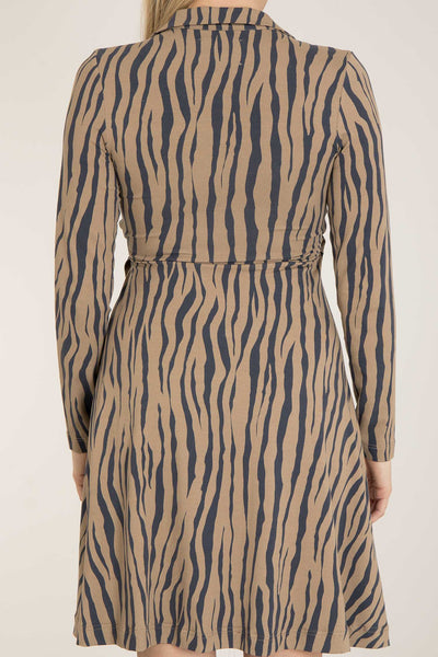 Collar short wrap jersey dress - Brown zebra - Zebramönstrad omlottklänning med krage
