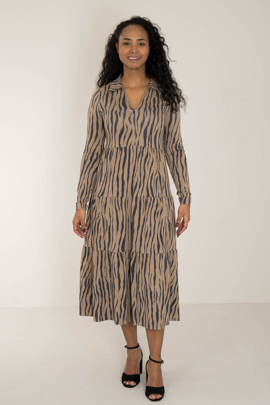 Forever mine collar midi jersey dress - Brown zebra - Zebramönstrad, vadlång klänning med krage