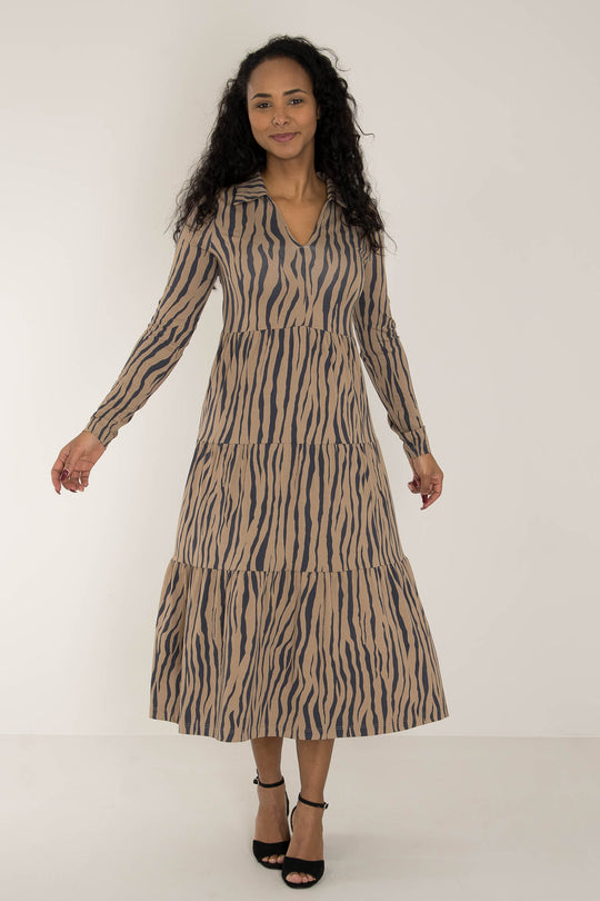 Forever mine collar midi jersey dress - Brown zebra - Zebramönstrad, vadlång klänning med krage