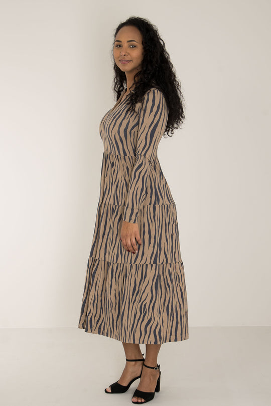 Forever mine collar midi jersey dress - Brown zebra - Zebramönstrad, vadlång klänning med krage