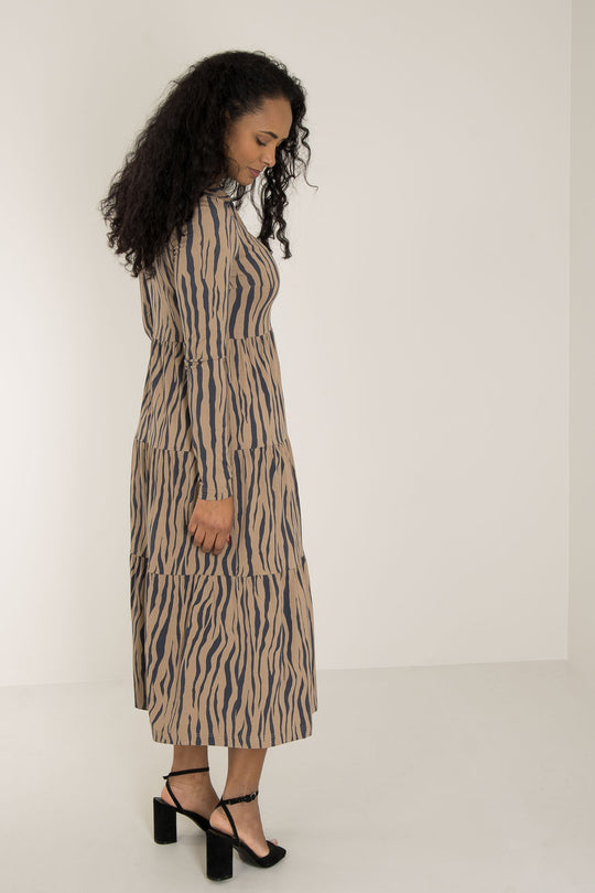 Forever mine collar midi jersey dress - Brown zebra - Zebramönstrad, vadlång klänning med krage