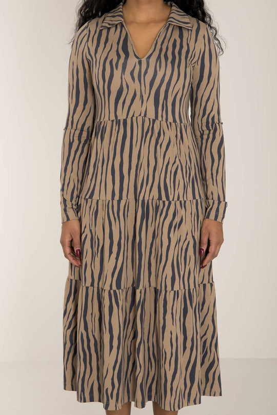 Forever mine collar midi jersey dress - Brown zebra - Zebramönstrad, vadlång klänning med krage