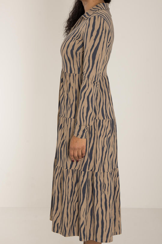 Forever mine collar midi jersey dress - Brown zebra - Zebramönstrad, vadlång klänning med krage