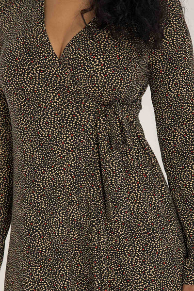 Loose fit printed short wrap jersey dress - Black - Knälång, mönstrad omlottklänning i trikå